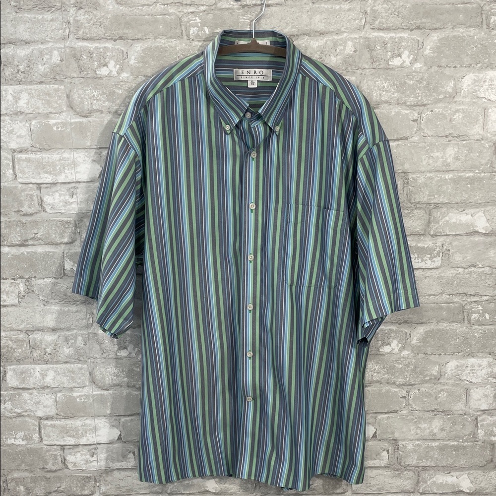 ENRO Men's Striped Casual Button Down Shirt - Blue and Green